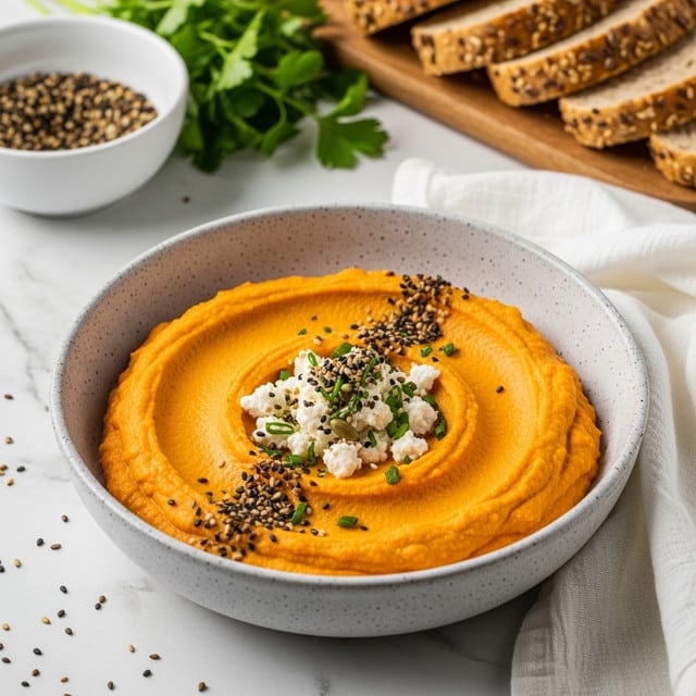 A white speckled bowl holds two thick swirled layers of smooth, bright orange hummus, creating a vibrant base. In the center, there is a small mound of crumbly white cheese scattered with small toasted brown nuts and sprinkled with finely chopped green herbs and a light dusting of red spice. The bowl rests on a white marbled surface next to a folded off-white cloth, fresh green herb sprigs, and a wooden board with three slices of toasted bread stacked on top of each other. Another bowl with nuts is seen in the soft background. photo taken with an iphone --ar 4:5 --v 7