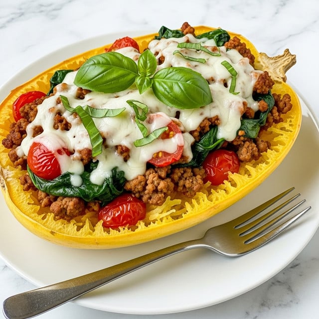 The dish shows a halved yellow spaghetti squash with its soft, spaghetti-like flesh forming the bottom layer. On top of this is a mix of cooked ground meat, chopped spinach, and red cherry tomatoes, creating a colorful and chunky layer. The entire mixture is covered with melted white cheese that looks gooey and stretchy. Bright green basil leaves are scattered on top as a fresh garnish. The squash is placed on a white plate resting on a white marbled surface, and a fork is set beside the plate. photo taken with an iphone --ar 4:5 --v 7