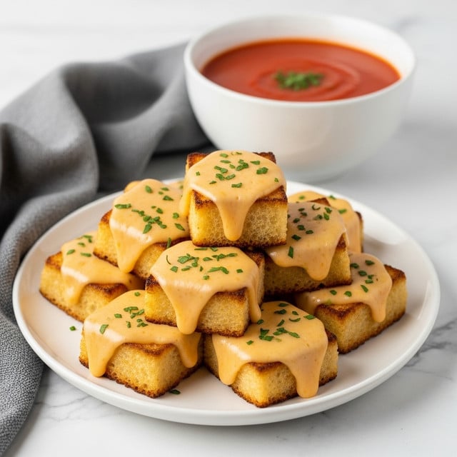 A stack of nine small grilled cheese squares made with golden toasted bread, each topped with melted, smooth, light orange cheese that drips slightly over the edges, sprinkled with small green herb bits. The pieces sit piled in the center of a white plate, with a white bowl filled with bright red tomato soup placed at the back of the plate. The background shows a white marbled surface and a gray cloth napkin to the left. photo taken with an iphone --ar 4:5 --v 7