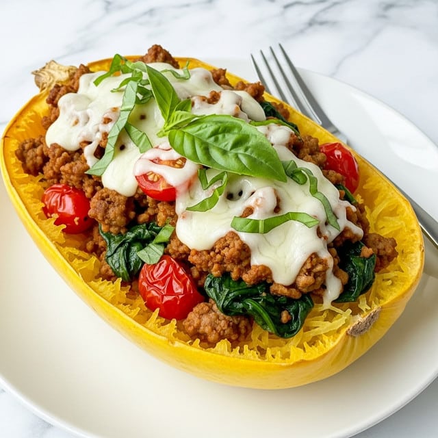 The image shows a yellow spaghetti squash half filled with layers of food. The base is made of bright yellow shredded squash with a slightly rough texture. On top, there is a mix of cooked ground meat, wilted dark green spinach leaves, and red cherry tomato pieces scattered throughout. The whole mixture is covered with a melted white cheese layer that looks soft and slightly stringy. A few fresh green basil leaves rest on top as decoration. The squash is placed on a white plate with a fork beside it, all on a white marbled surface. Photo taken with an iphone --ar 4:5 --v 7
