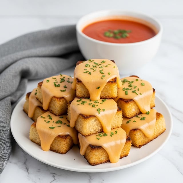 A stack of small grilled cheese sandwich squares sits on a white plate with toasted golden brown crusts and a soft, textured bread inside. Each square has melted, smooth, creamy orange-yellow cheese oozing around the edges. There are small green herb flakes sprinkled on top of the cheese and bread. In the background, a white bowl filled with bright red tomato soup is partially visible, contrasting with the sandwiches. The plate is set on a white marbled surface with a grey cloth next to it. photo taken with an iphone --ar 4:5 --v 7