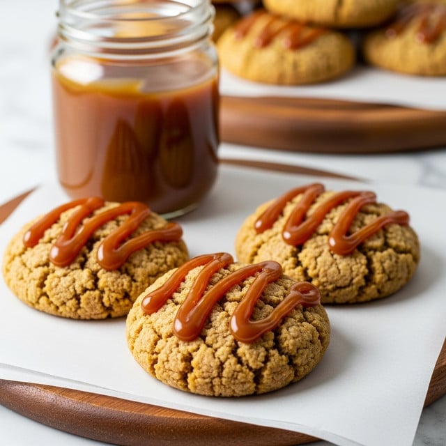 Three thick, round cookies with a rough, cracked light brown surface sit close together on a white parchment paper over a wooden board. Each cookie is topped with a shiny, smooth caramel sauce drizzled in a loose grid pattern, the caramel deep amber and glossy. In the background, slightly out of focus, there is an open glass jar filled with more caramel sauce and additional cookies resting on a wooden surface, all against a white marbled texture. photo taken with an iphone --ar 4:5 --v 7