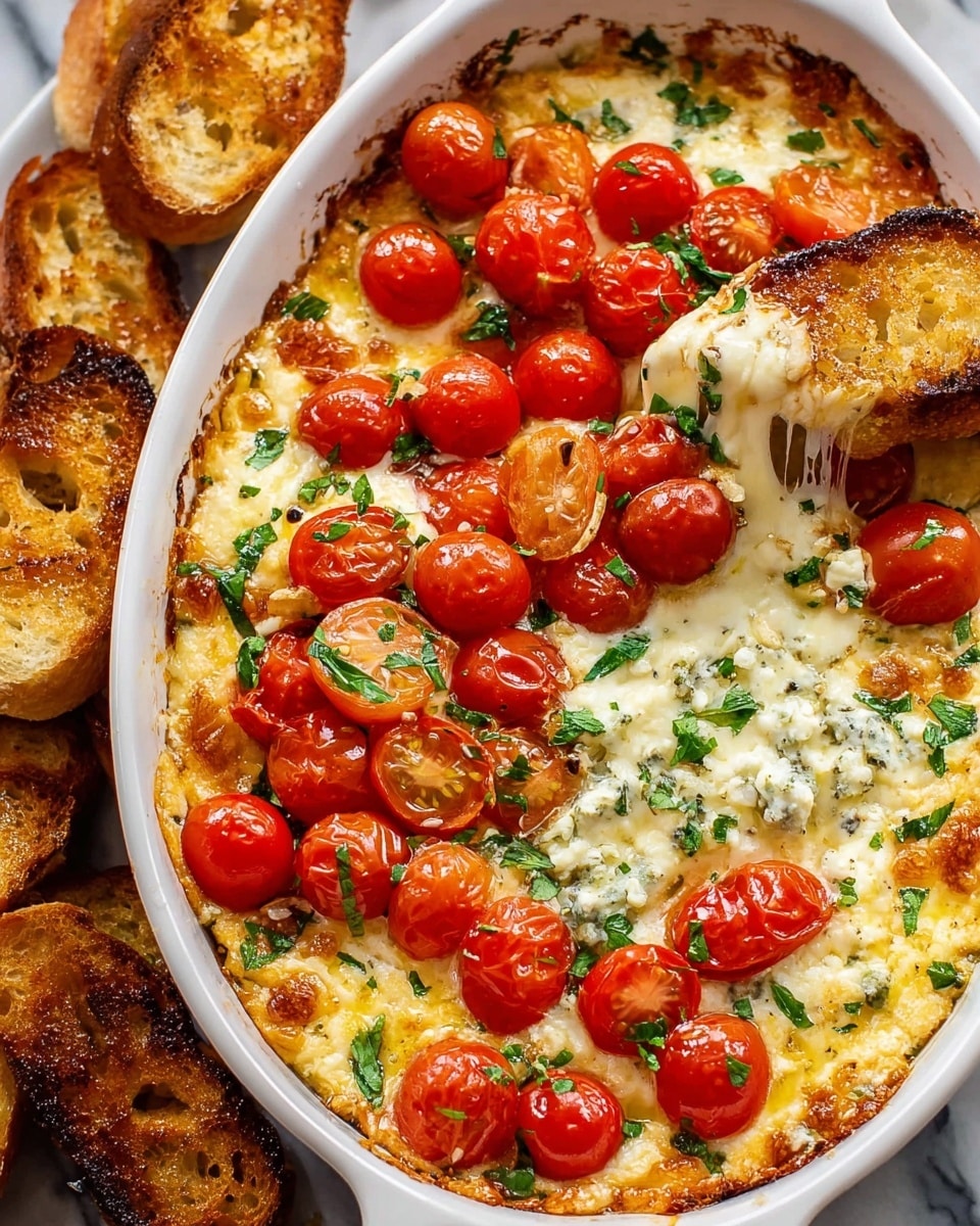 The image shows a white oval baking dish filled with a creamy cheese dip that has a golden, slightly browned top layer. The dip is decorated with bright red halved cherry tomatoes scattered evenly across the surface. Chopped green herbs are sprinkled throughout, adding green color contrast. Two golden toasted bread slices are dipped into the dip on the right side, partially covered with melted cheese. The baking dish sits on a white marbled surface, and the edges of the dip show slight browning from baking. photo taken with an iphone --ar 4:5 --v 7