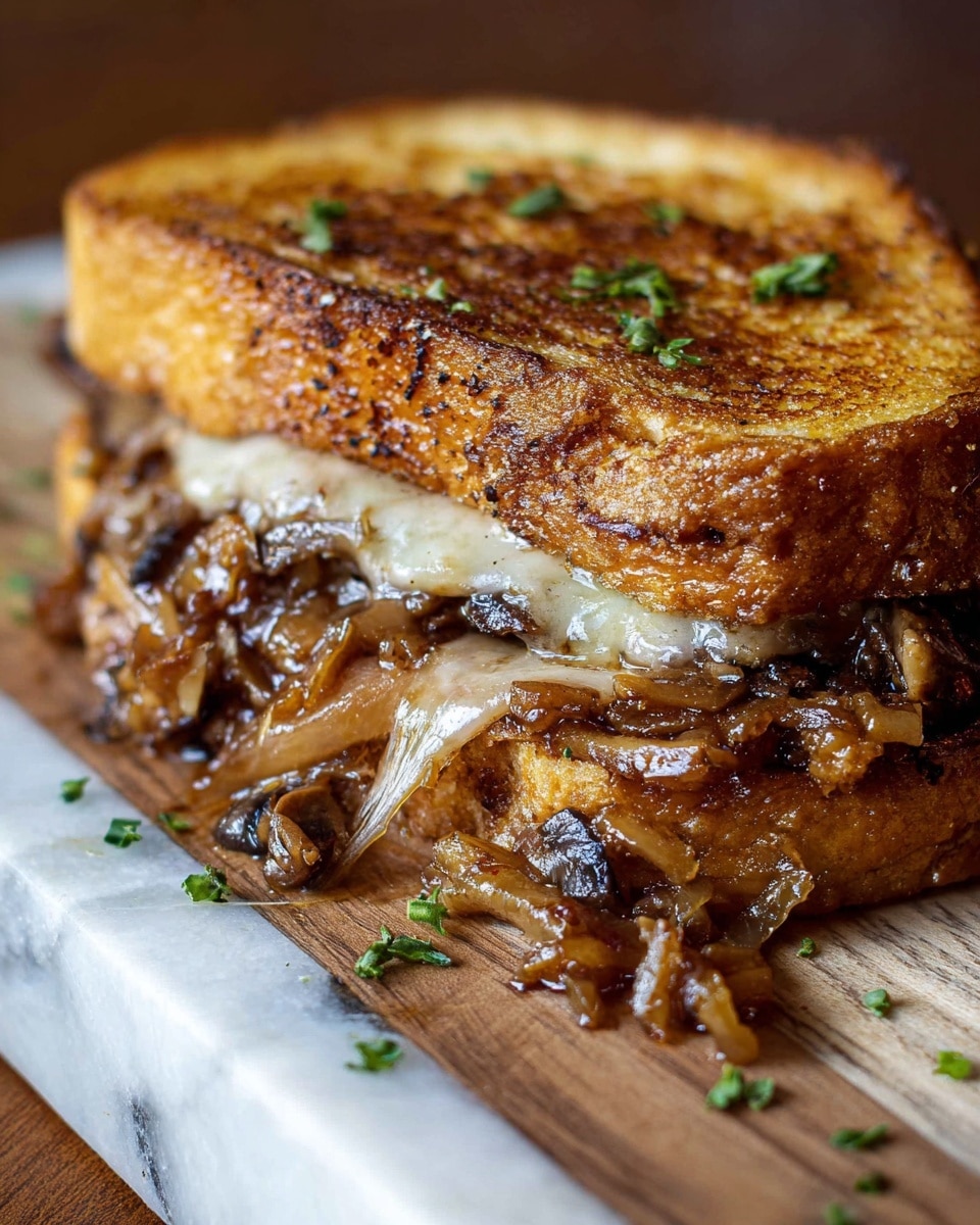 A close-up of a toasted sandwich with two golden-brown grilled bread slices forming the top and bottom layers. Between them, there is a thick middle layer of melted stretchy cheese pulling apart, mixed with cooked brown mushrooms and caramelized onions, visible with a shiny, glossy texture. Small green parsley leaves are scattered over the sandwich, which rests on a wooden board with a white marbled background. photo taken with an iphone --ar 4:5 --v 7