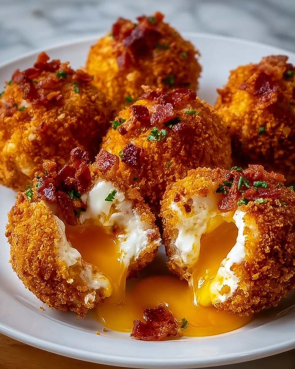 The image shows six golden-brown fried balls arranged on a white plate, each coated in a crispy breadcrumb layer with small green herb flecks and topped with bits of crispy red bacon. One ball is split open at the front, revealing a creamy white inside with a rich, runny orange yolk flowing out, creating a contrast of smooth textures with the crunchy exterior. The plate rests on a white marbled surface. photo taken with an iphone --ar 4:5 --v 7