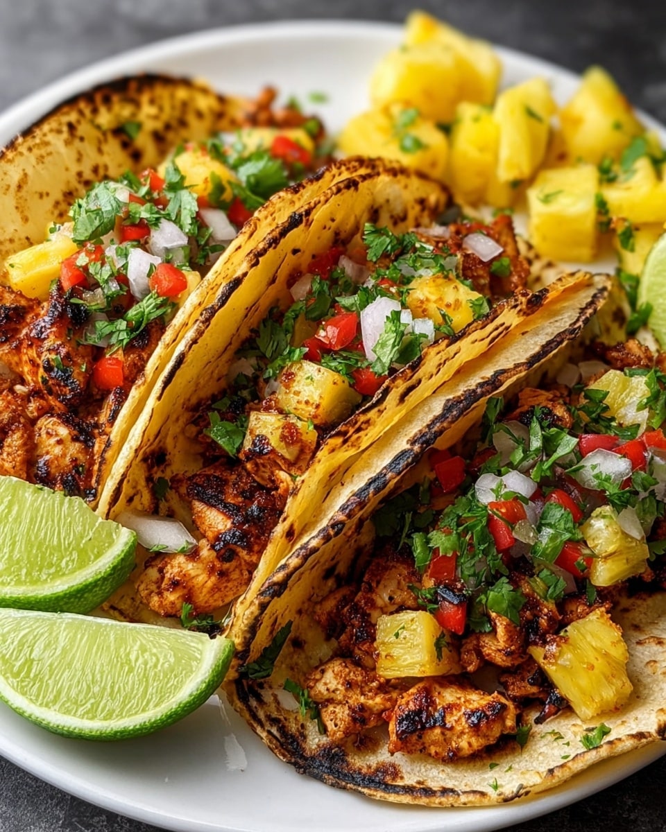 Three soft corn tortillas with light char marks are arranged on a white plate. Each tortilla holds a layer of grilled, slightly charred chicken pieces mixed with small yellow pineapple chunks, topped with finely chopped red bell peppers, white onions, and green cilantro. On the side of the plate, there are lime wedges and extra pineapple pieces. The background is a white marbled texture. Photo taken with an iphone --ar 4:5 --v 7