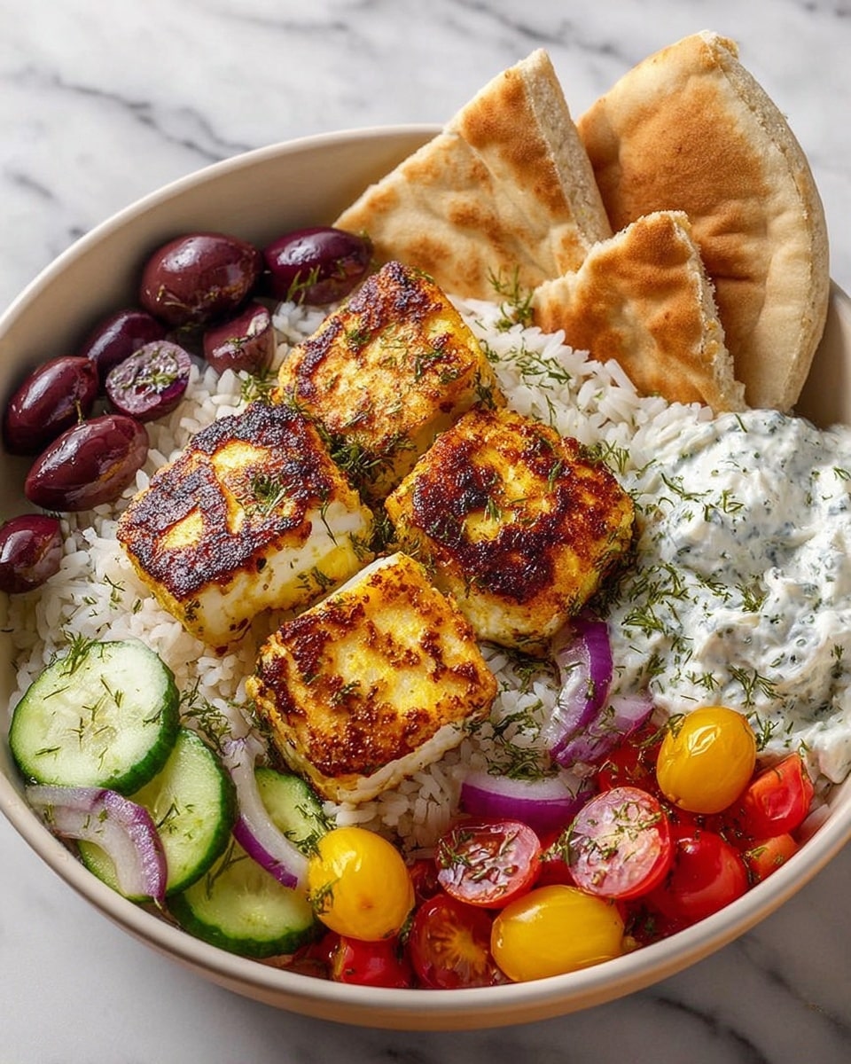 A white bowl filled with a bed of white rice sprinkled with herbs forms the base layer. On top, there are 5 golden-brown grilled cheese pieces with a slightly crispy texture, placed towards the center and right side. Around the cheese, layers of fresh, vibrant vegetables include sliced cucumber on the left, thin rings of purple onion next to it, and mixed cherry tomatoes in red and yellow near the back. Dark purple olives are scattered around the cheese and vegetables. Towards the right side, there is a creamy white sauce with green herb flecks, topped off by two pieces of light beige pita bread leaning on the bowl’s edge. The bowl sits on a white marbled surface. Photo taken with an iphone --ar 4:5 --v 7