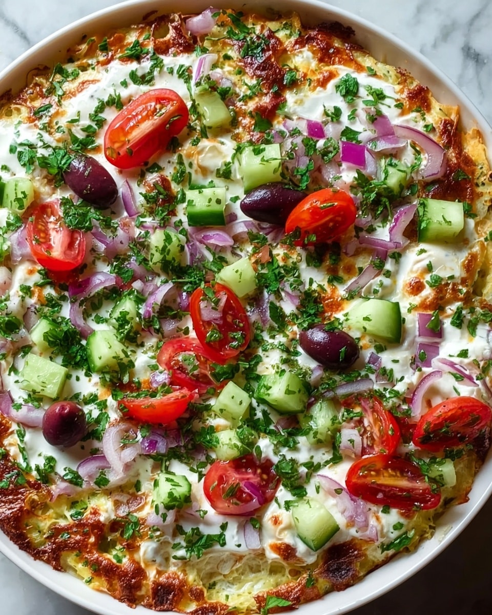 A close-up view of a baked dish in a white bowl showing golden brown crispy layers of cooked cauliflower at the base, topped with a creamy white yogurt-like sauce spread unevenly across the surface. On top, there are scattered chopped bright green cucumbers, vibrant cherry tomato halves in red, dark purple whole olives, and thin slices of light purple red onion, all sprinkled with fresh chopped green herbs. The colors and textures are rich and vibrant, making the dish look fresh and hearty, set on a white marbled surface photo taken with an iphone --ar 4:5 --v 7