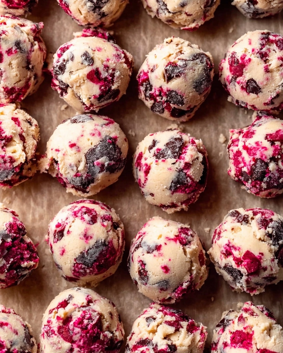 A close-up view of many small, rough-textured cookie dough balls placed closely on a sheet of brown parchment paper, each ball showing a mix of creamy off-white dough with bright red chunks and small dark specks scattered unevenly throughout. The balls are irregular in shape with some bits sticking out, showing a dense, chunky texture. The background is a white marbled surface that contrasts softly with the colorful cookie dough. photo taken with an iphone --ar 4:5 --v 7