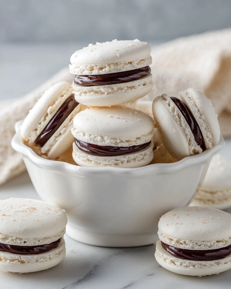 Several white macarons with smooth tops and rough edges form two layers: a pale white shell on top and bottom, and a thick dark chocolate filling in the middle. Most macarons are arranged inside a white scalloped bowl, with some scattered around the bowl on a white marbled surface. The macarons have a soft, matte texture with a slight sheen on the chocolate filling. Photo taken with an iphone --ar 4:5 --v 7
