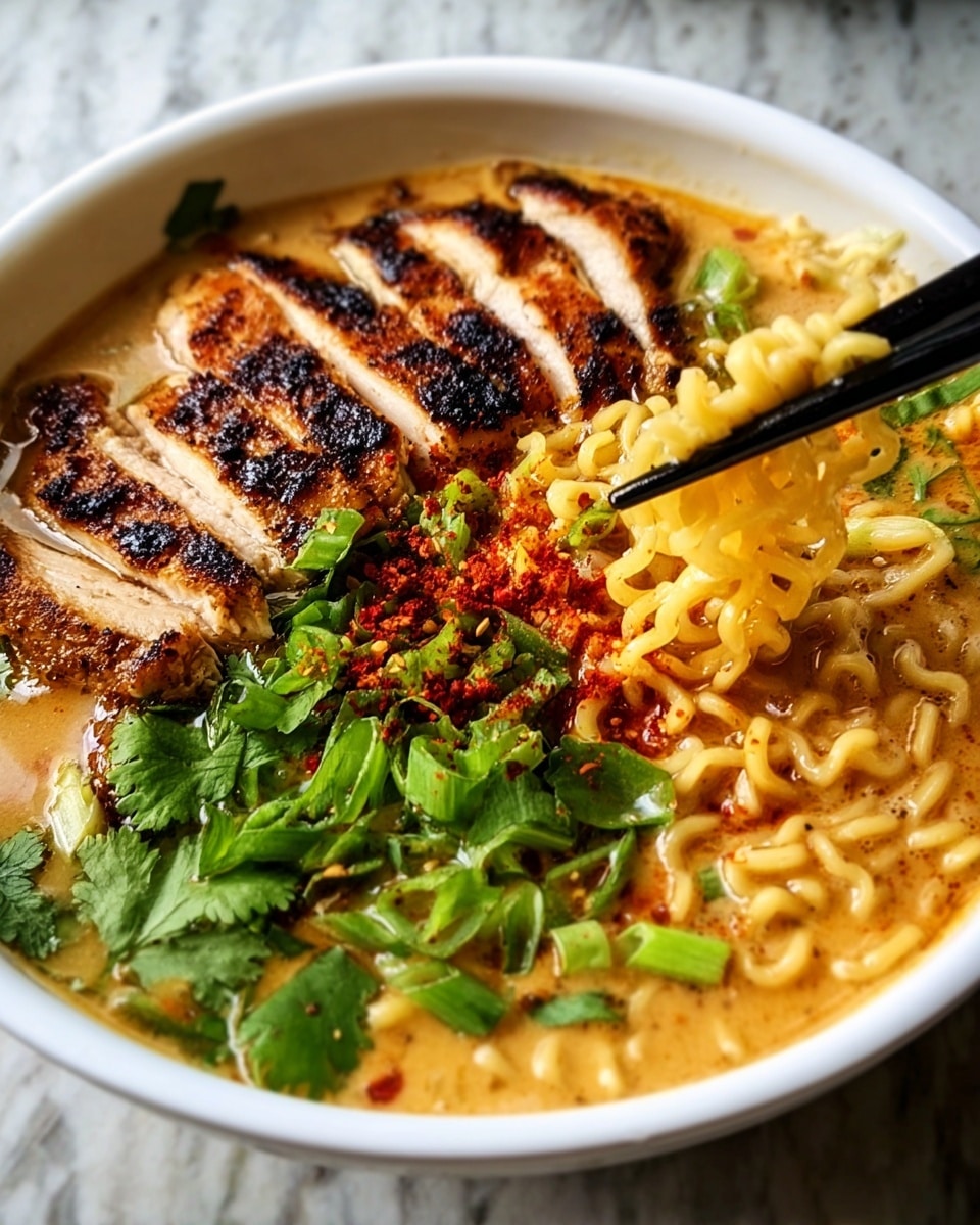 A deep bowl filled with creamy, light orange broth topped with wavy yellow noodles lifted by black chopsticks from the right side of the bowl. On the left side, several slices of grilled chicken with a charred, dark brown crust lie partially submerged in the broth. Bright green chopped scallions and fresh cilantro leaves are scattered on top, adding vibrant green pops of color. There is a sprinkle of red chili powder near the chicken, enhancing the look with warm red tones. The bowl sits on a white marbled surface, and the photo has a close-up, warm, and inviting feel. photo taken with an iphone --ar 4:5 --v 7