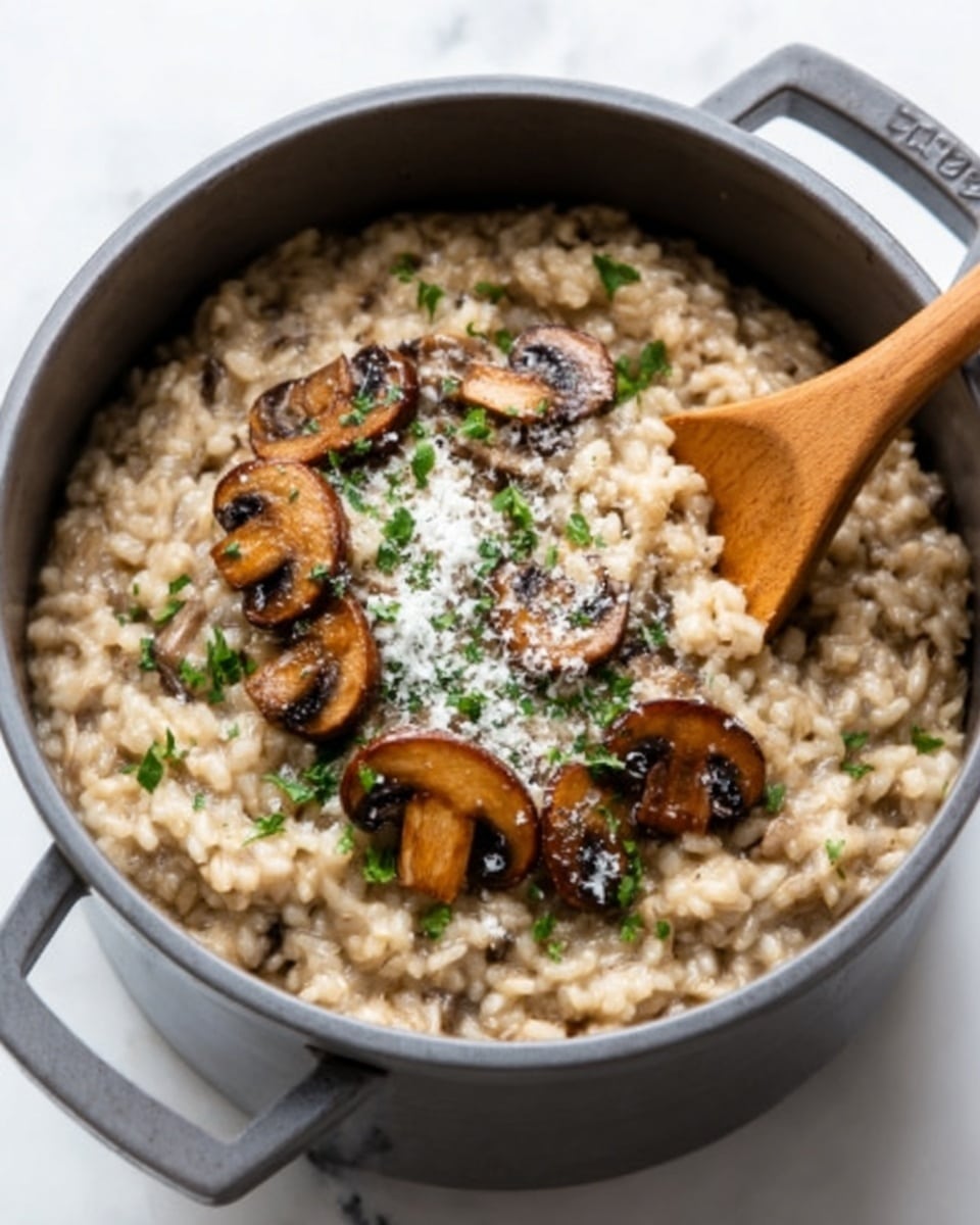 A close-up view of a black pot filled with creamy mushroom risotto. The risotto forms the base layer, showing a soft and slightly thick texture with beige color and small pieces of mushrooms mixed throughout. On top, there are several sliced, cooked mushrooms with a golden-brown color, scattered evenly in the center. A sprinkle of finely chopped green herbs and white cheese crumbs covers the mushrooms, adding hints of green and white. A woman's hand holds a wooden spoon scooping the risotto from the pot. The pot is set on a white marbled surface. Photo taken with an iphone --ar 4:5 --v 7