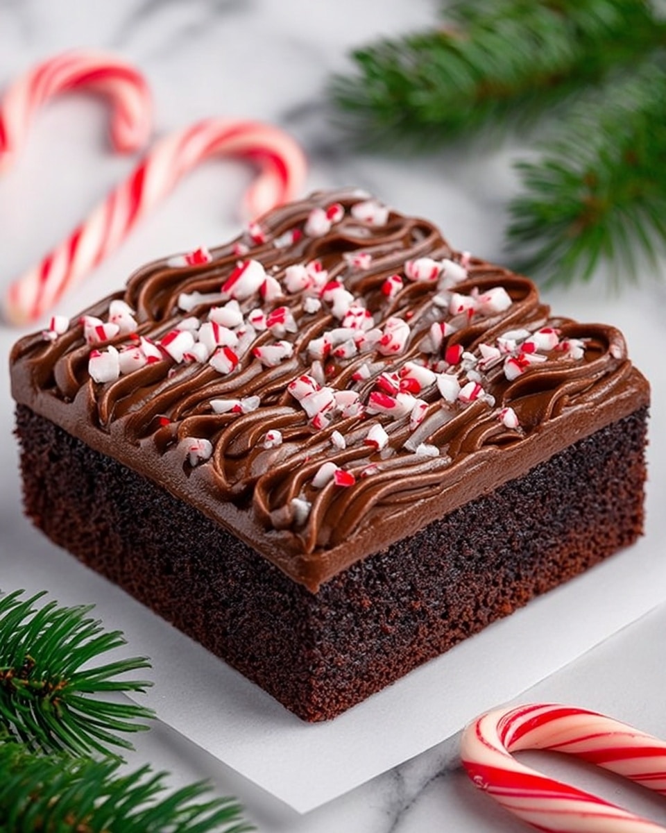 The image shows a single square piece of chocolate cake with two main layers. The bottom layer is a thick, dark brown chocolate cake with a soft crumb texture. On top is a smooth, glossy dark chocolate frosting spread evenly, having wave-like ridges running lengthwise across the surface. The top is decorated with small pieces of crushed white and red peppermint candies scattered all over. The cake sits on a white sheet placed on a white marbled surface. Around the cake, there are whole red and white striped candy canes and green pine leaves for decoration. Photo taken with an iphone --ar 4:5 --v 7
