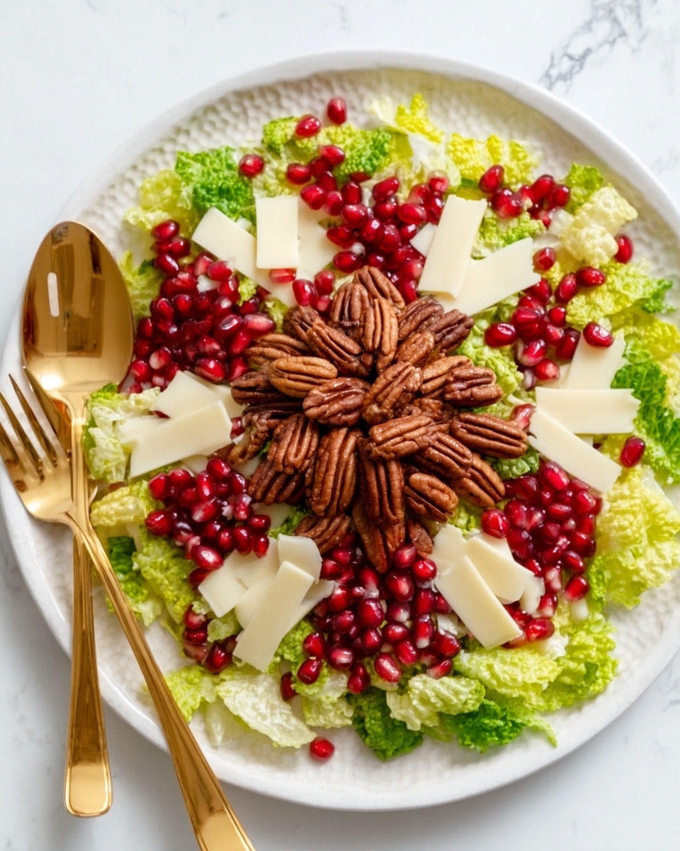 A white plate holding a layered salad with a base of chopped light green lettuce. On top of the lettuce, there are many dark brown pecans clustered in the center, surrounded by bright red pomegranate seeds scattered evenly around. Large flat white cheese slices are placed over the lettuce and pomegranate in a circular pattern around the pecans. A golden spoon rests on the left side of the plate, placed on a white marbled surface. The photo taken with an iphone --ar 4:5 --v 7