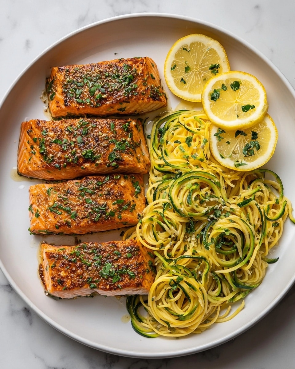 A white plate holds three pieces of cooked salmon with a golden brown crust, placed on the left side, each topped with finely chopped green herbs. On the right side, there is a serving of noodles mixed with thin green vegetable strands, also sprinkled with small green herb pieces. Two thin lemon slices, garnished with finely chopped herbs, rest at the top right of the plate. The plate sits on a white marbled surface. photo taken with an iphone --ar 4:5 --v 7