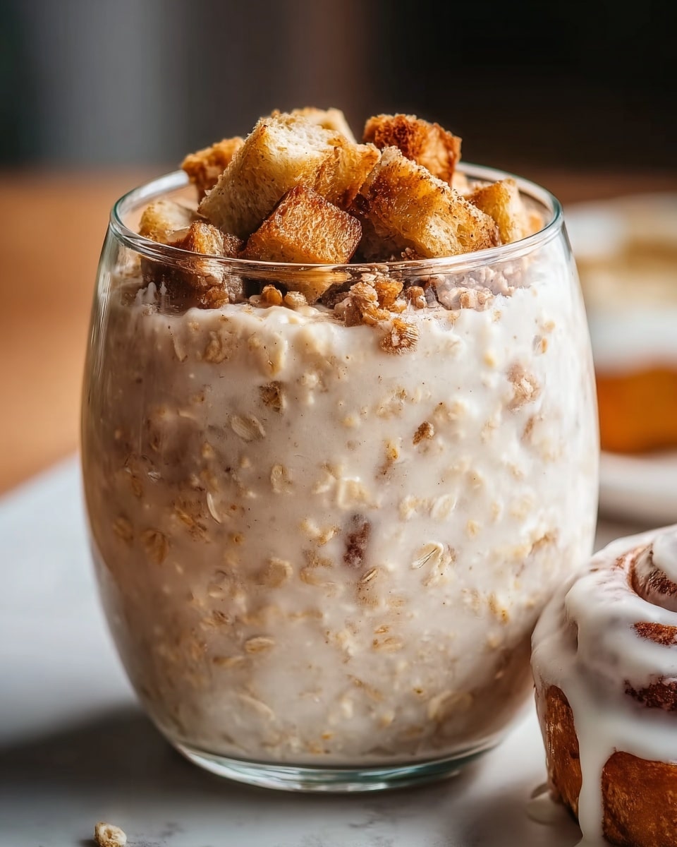 The image shows a glass filled with a creamy, light beige mixture with small bits of darker brown inside. On top, there are several chunky pieces of golden brown baked bread or cinnamon rolls, which add a crunchy texture. The glass is clear, round, and filled almost to the top, highlighting the thick and smooth texture of the creamy mixture inside and the crisp topping. In the foreground, there is a white cinnamon roll with visible white icing, placed on a white marbled surface. The background is softly blurred, drawing focus to the glass and cinnamon roll. photo taken with an iphone --ar 4:5 --v 7
