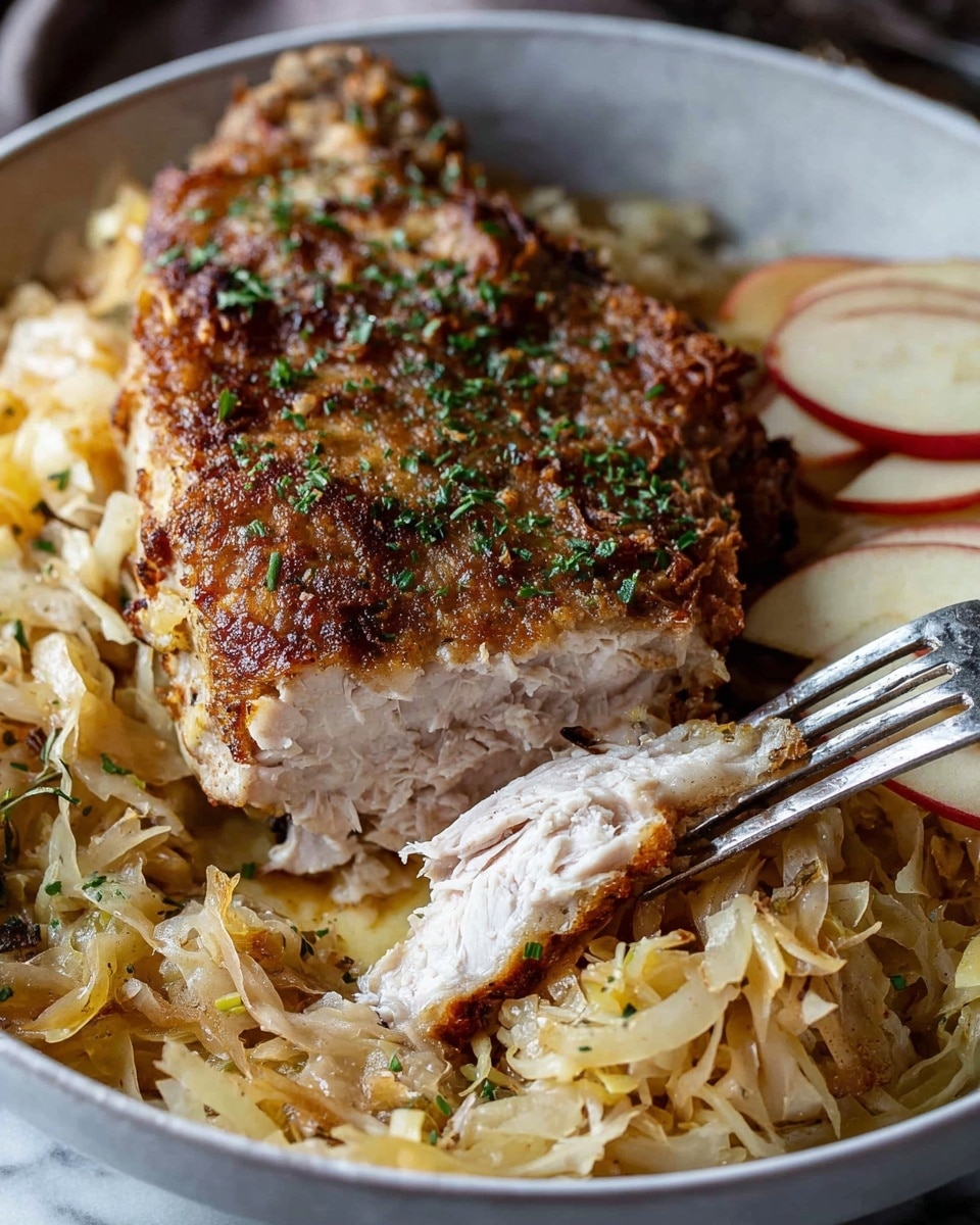 A close-up view of a thick piece of cooked pork layered with a crisp, golden-brown top crust sprinkled with green herbs and caramelized onions. The pork is sliced slightly to show its moist and tender white inner layers. Surrounding the meat is a bed of soft, cooked pale beige sauerkraut, with thin slices of red and white apple visible in the background on the same white plate. A silver fork is placed near the front, lifting some of the pork and sauerkraut. The scene is set on a white marbled surface. photo taken with an iphone --ar 4:5 --v 7