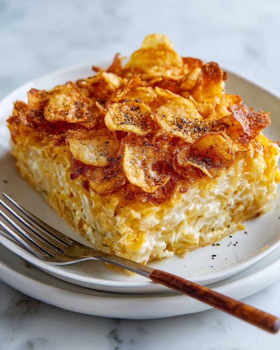 A close-up of a white plate with a single layer of hash brown casserole. The dish has a mix of creamy, soft white shredded potatoes and a golden, crispy topping made of small crunchy pieces. The golden crust is unevenly spread on top of the pale white and light yellow mashed potato layer underneath. There are some black pepper flakes sprinkled on the top. A silver fork with a wooden handle rests on the left edge of the plate. The plate sits on a white marbled surface. photo taken with an iphone --ar 4:5 --v 7