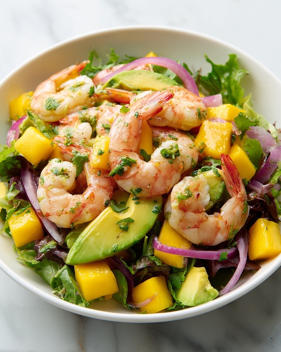 A white bowl filled with a fresh shrimp salad showing three main layers: the bottom layer has dark green leafy greens, the middle layer contains bright yellow mango cubes and avocado slices with a smooth green texture, and the top layer features plump, cooked shrimp with a light pink and white color, garnished with small pieces of chopped fresh herbs and thin slices of purple onion. The salad looks juicy and colorful against a white marbled texture background. photo taken with an iphone --ar 4:5 --v 7