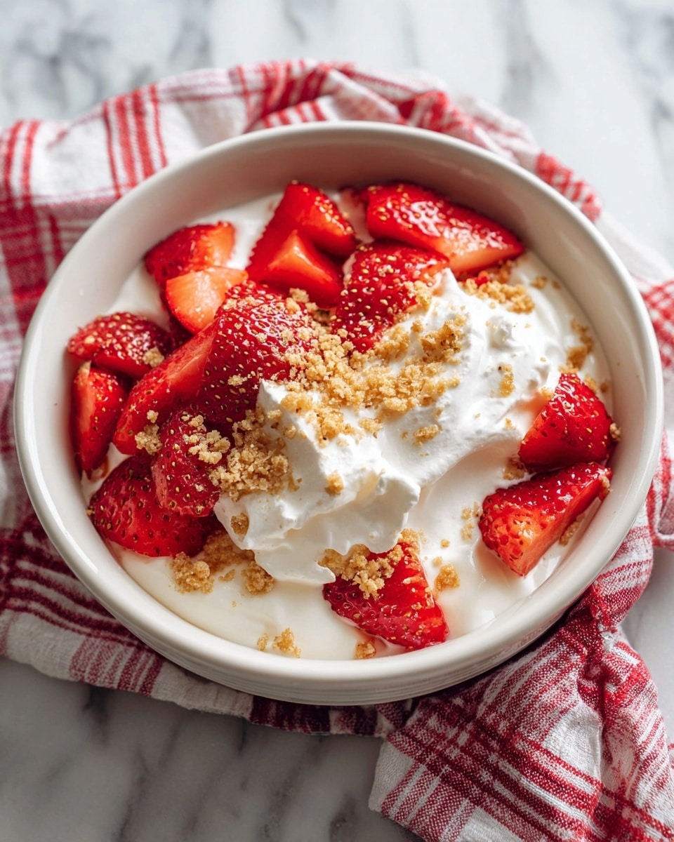 A white bowl filled with a smooth, creamy white yogurt base, topped with a generous layer of bright red sliced strawberries scattered unevenly on one side, and a dollop of fluffy white whipped cream slightly off-center on the other side. Small crumbled pieces of light brown crumb topping are sprinkled over the whipped cream and strawberries, adding texture and color contrast. The bowl sits on a white marbled surface with a red and white striped cloth loosely placed beside it. photo taken with an iphone --ar 4:5 --v 7