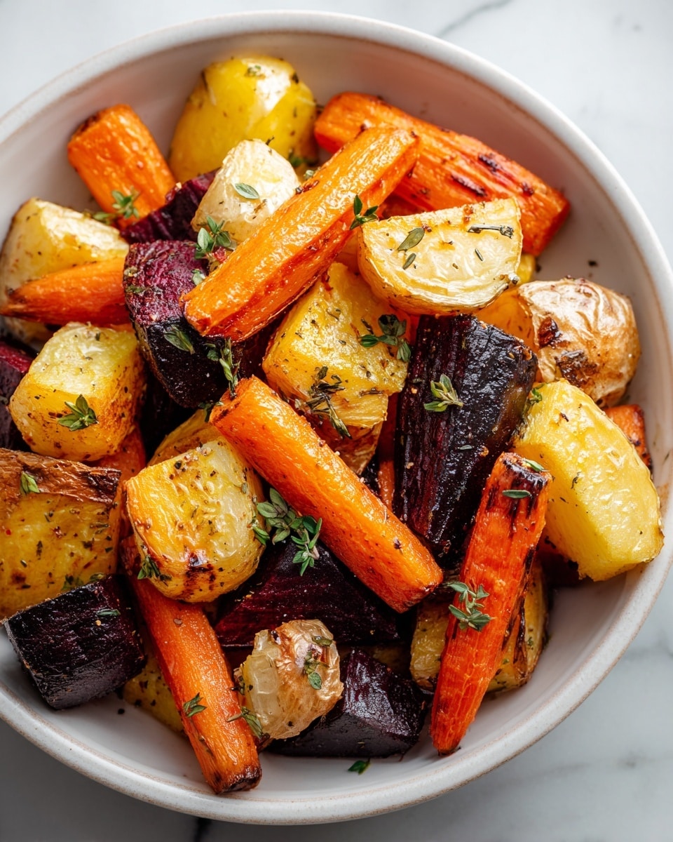 A white shallow bowl filled with roasted root vegetables in various sizes and shapes, including orange carrot chunks, dark purple beet pieces, and pale yellow parsnips. The vegetables have a slightly charred texture with visible black pepper and herbs sprinkled on top. Small green herb sprigs are scattered over the vegetables. The bowl rests on a white marbled surface. photo taken with an iphone --ar 4:5 --v 7