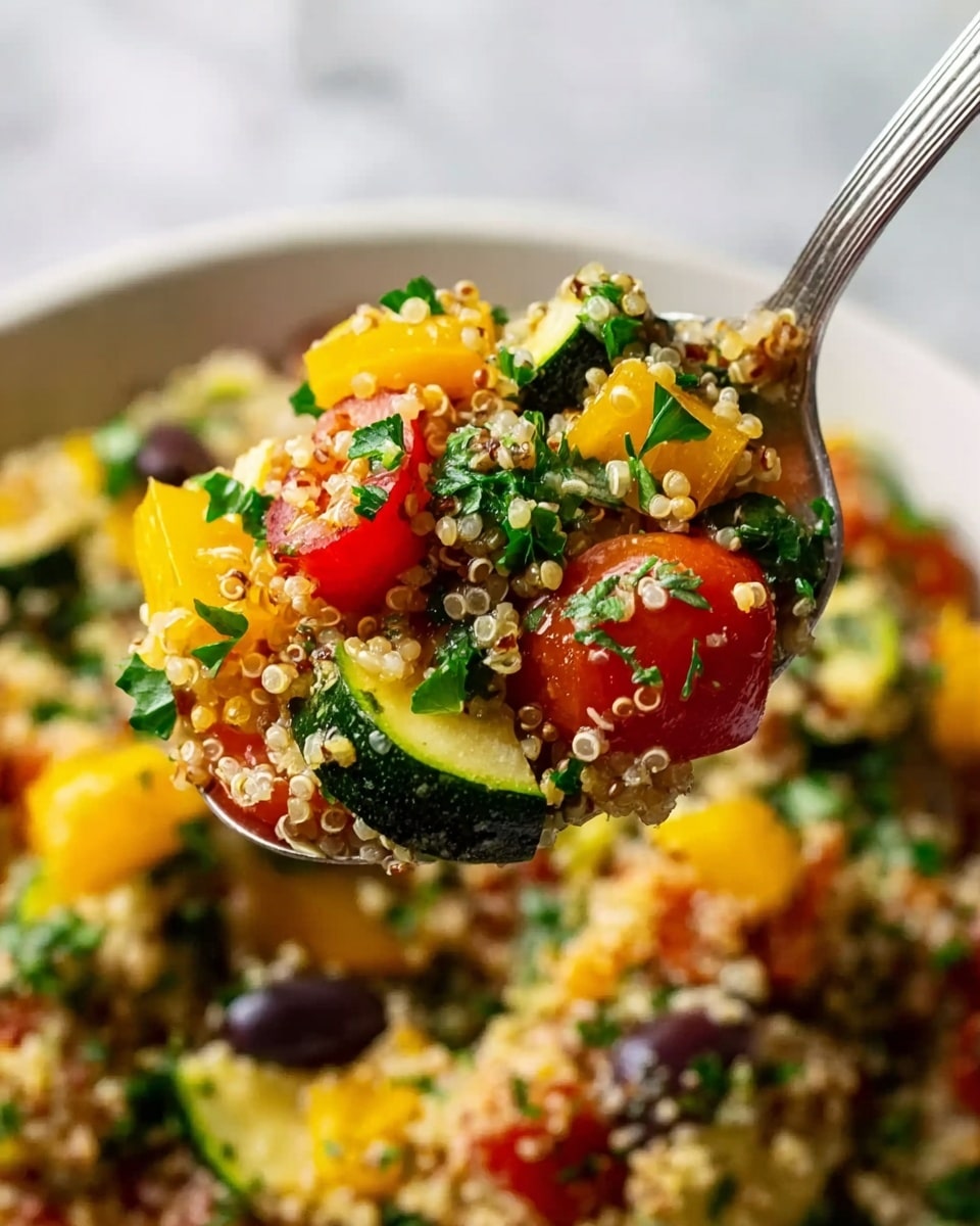 A close-up image shows a spoon held by a woman's hand lifting a mix of cooked quinoa with many small white grains. The spoon holds bright pieces of green zucchini with soft texture, halved red cherry tomatoes with shiny skin, chopped fresh green herbs, and small yellow bell pepper pieces with smooth surfaces. More of the colorful quinoa salad is seen blurred in the background inside a white bowl, with a bright white marbled surface underneath. The image highlights the fresh colors and textures of the healthy dish. photo taken with an iphone --ar 4:5 --v 7