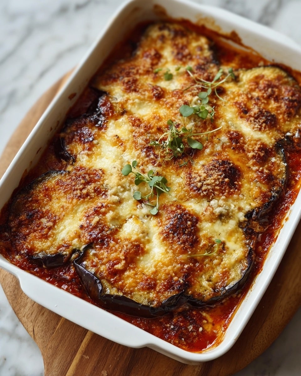A close-up view of a baked dish in a white rectangular ceramic baking dish with handles, showing one layer of thick, round slices of roasted eggplant topped with melted and golden-brown cheese with crispy edges, sprinkled with grated cheese and garnished with small green herb sprigs. The texture appears bubbly and slightly charred in some spots, layered over a deep red tomato sauce that peeks out between the slices. The baking dish rests on a wooden board against a white marbled textured surface. photo taken with an iphone --ar 4:5 --v 7