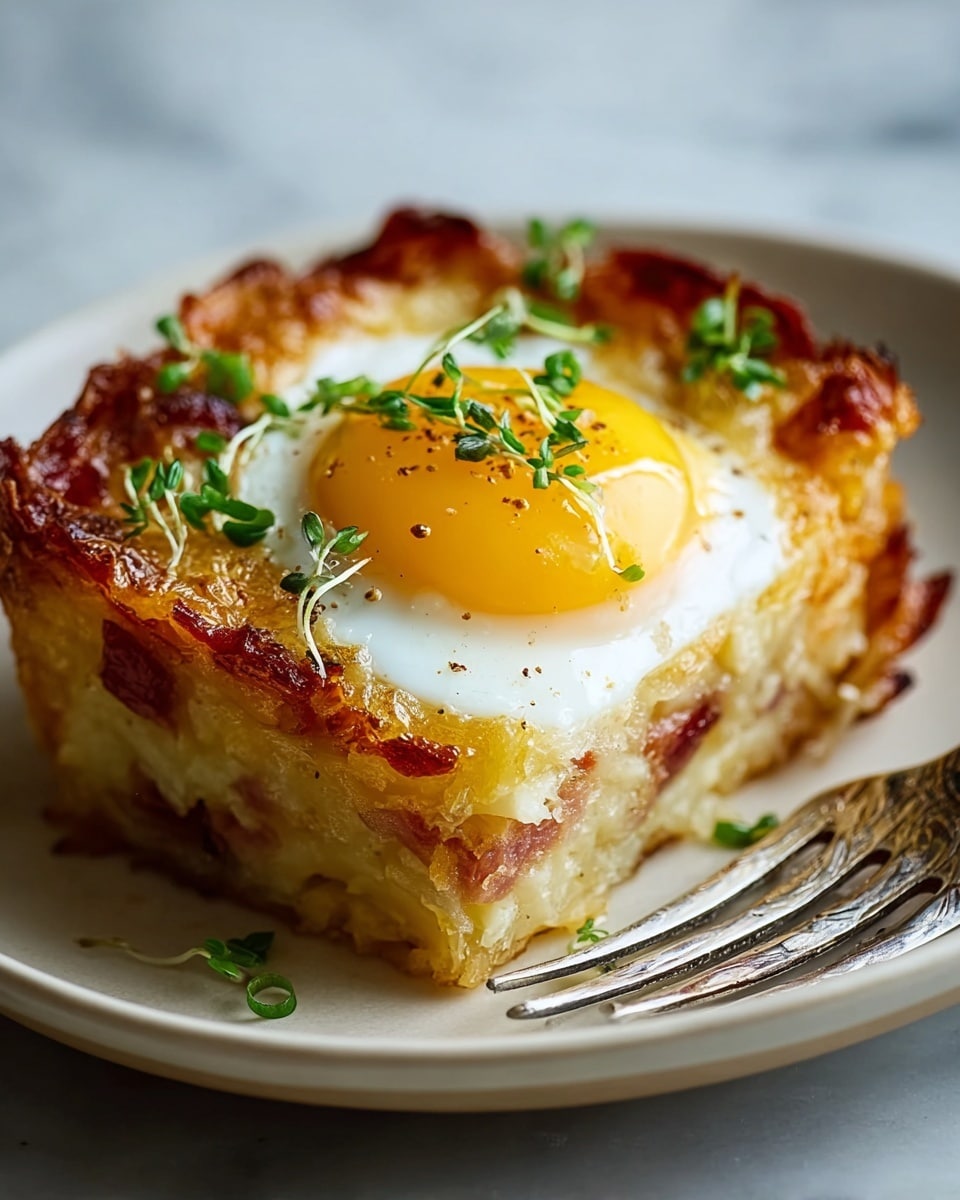 A square-shaped breakfast casserole is placed on a white plate with soft edges. The casserole has visible layers starting with a crispy, golden brown potato base mixed with bits of ham and melted cheese. On top of the casserole, there is a perfectly cooked sunny-side-up egg, bright yellow yolk in the center and smooth white around it. The egg edges are slightly browned. Small chopped green onions and fresh green microgreens are sprinkled on and around the egg. The whole setup is on a white marbled surface, with a silver fork resting on the plate's edge in the background. photo taken with an iphone --ar 4:5 --v 7