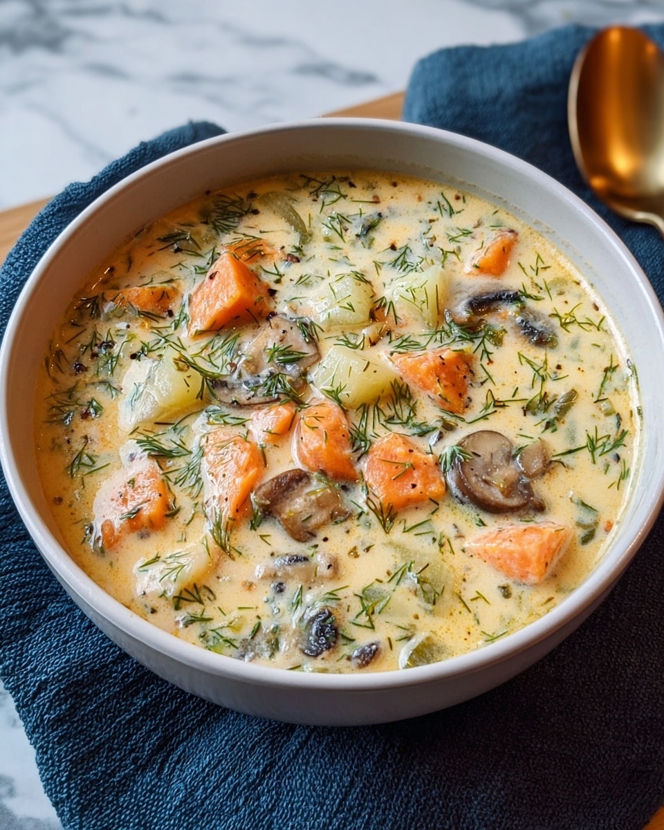 A white bowl filled with creamy soup containing chunky pieces of orange carrot, pale green celery, light beige chicken, and small pieces of dark gray mushrooms, all mixed in a thick, pale cream broth with visible flecks of green herbs. A small sprig of fresh green dill sits on top as garnish. The bowl is placed on a dark blue cloth, and the background shows a white marbled texture. Photo taken with an iphone --ar 4:5 --v 7