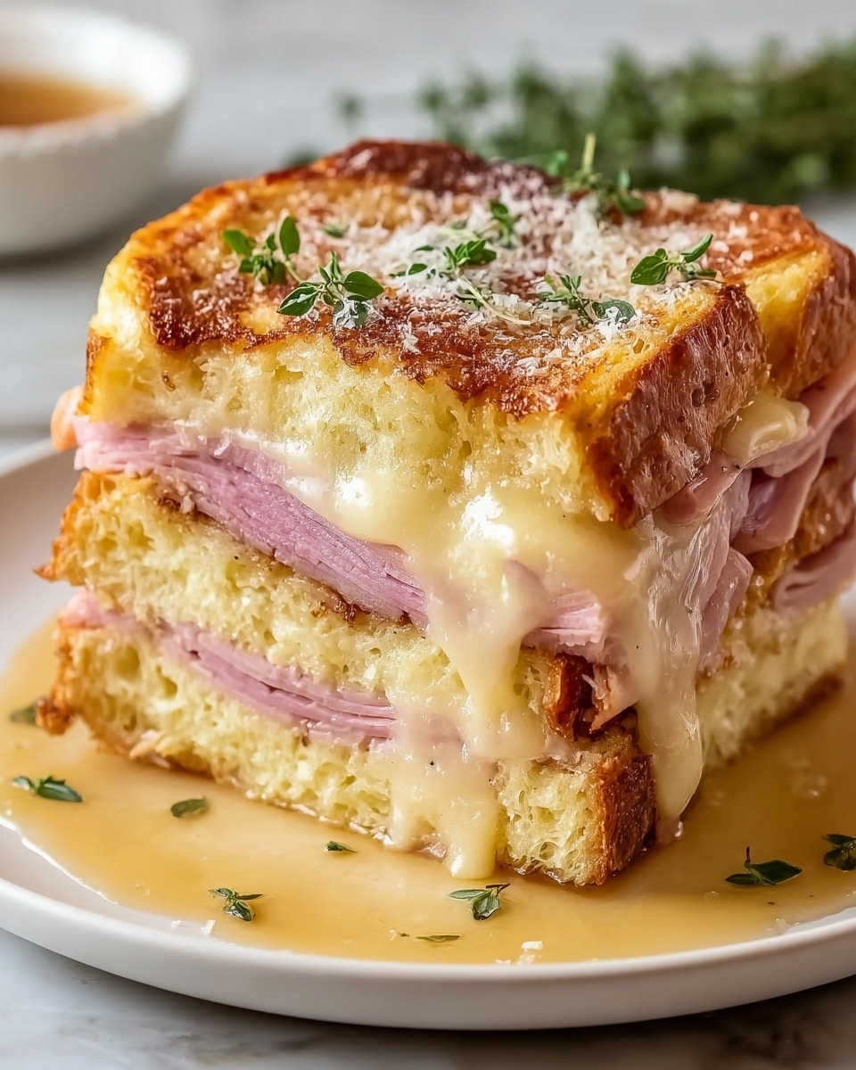 A thick sandwich piece sits on a white plate with a white marbled surface beneath. The sandwich has three main layers: the bottom and top layers are thick, light golden brown, soft bread with a bit of a crusty, slightly burnt top. The middle layer contains several thin slices of pink ham, folded neatly. Melted pale yellow cheese drips down the front and between the layers, with a shiny, slightly oily golden sauce pooling at the bottom on the plate. Small green herb leaves, likely thyme, garnish the top, adding a fresh green contrast to the warm colors. Photo taken with an iphone --ar 4:5 --v 7