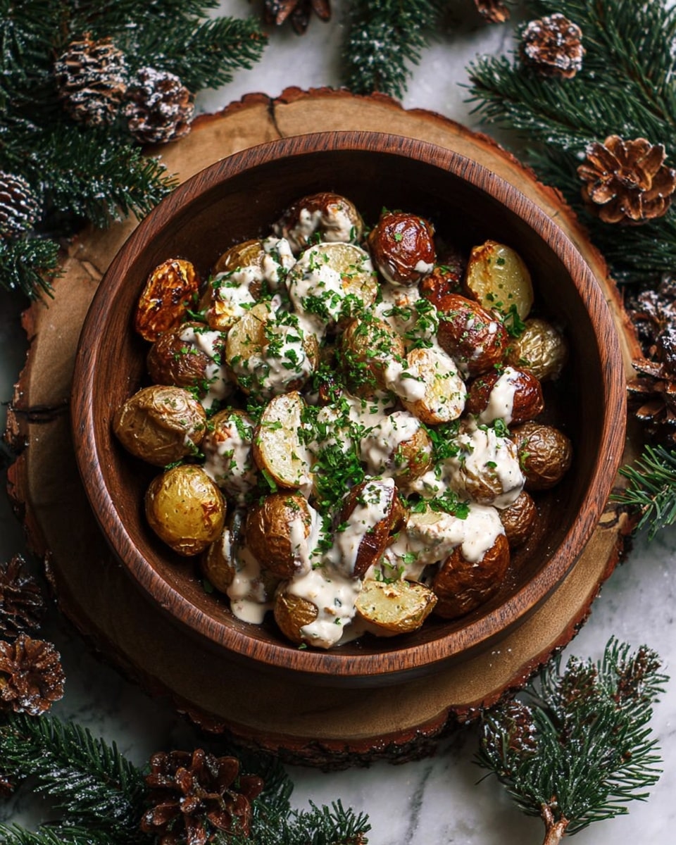 A wooden bowl sits on a rustic wooden board, filled with small roasted potatoes cut in half, showing golden and brown crispy skins and soft interiors. The potatoes are layered with a creamy white sauce drizzled generously over them and sprinkled with fresh, finely chopped green herbs. Around the bowl are green pine branches and brown pine cones on a dark wooden surface, changed in the image description to a white marbled texture. photo taken with an iphone --ar 4:5 --v 7