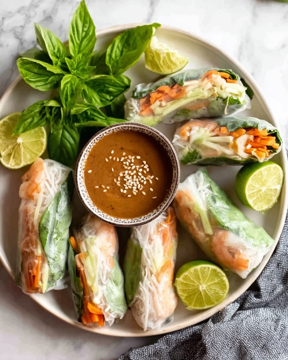 A white plate on a white marbled surface holds five fresh spring rolls wrapped in translucent rice paper, showing colorful layers inside such as orange carrots, green lettuce, and white noodles. The spring rolls are arranged around a small white bowl filled with a thick brown peanut dipping sauce topped with crushed peanuts. Two lime wedges are placed on the plate for garnish, and some green basil leaves are also visible near the bowl. The texture of the rice paper is slightly shiny and soft. Photo taken with an iphone --ar 4:5 --v 7