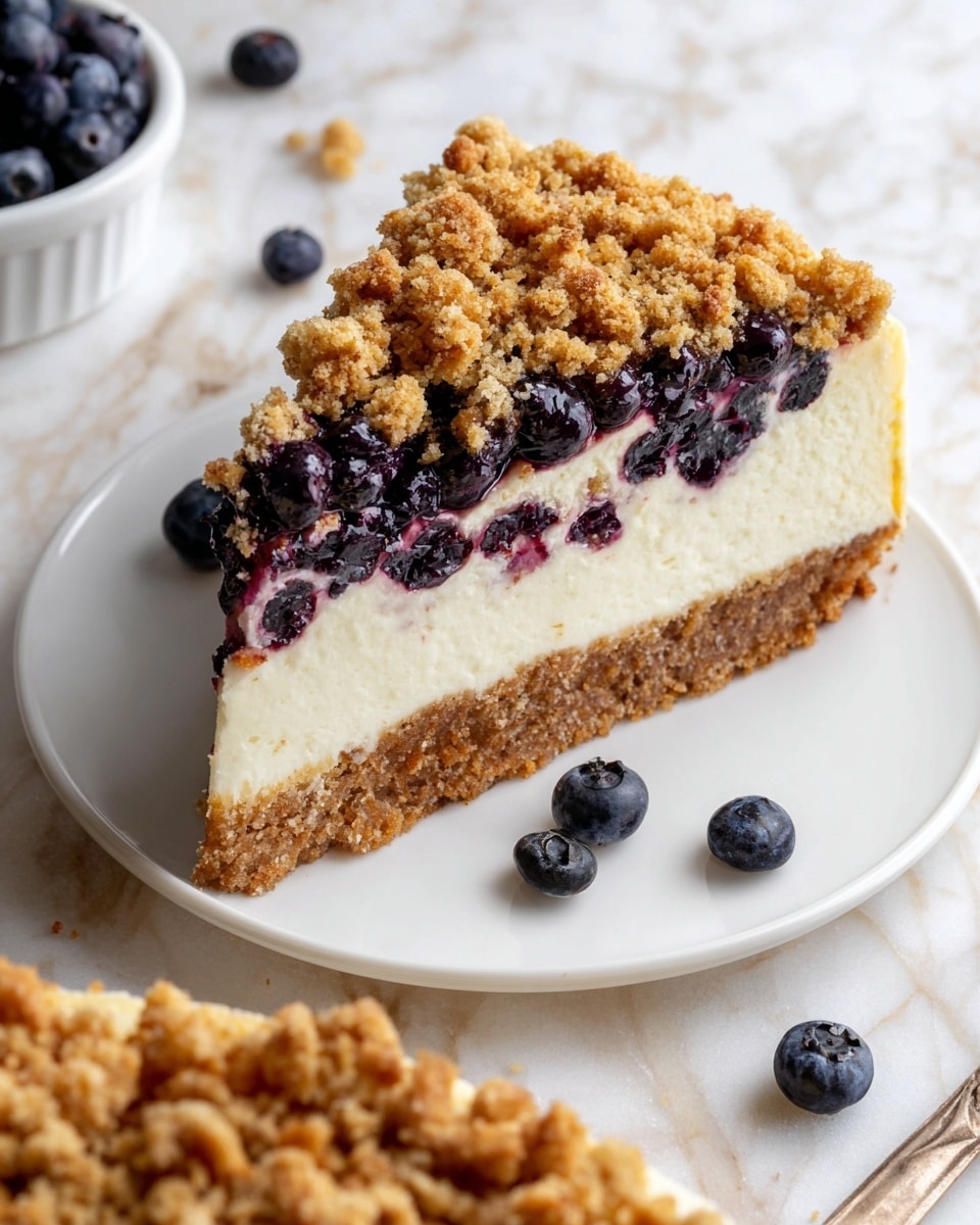 A slice of cheesecake pie rests on a white plate with three layers: a bottom layer of light brown crumbly graham cracker crust, a thick middle layer of smooth white cheesecake filling, and a top layer of golden brown crumb topping mixed with dark purple blueberries. The cheesecake filling looks creamy and dense with some blueberry pieces near the top edge, while the golden crumb topping is rough and slightly greasy. Around the plate, loose blueberries are scattered on a white marbled surface. Photo taken with an iphone --ar 4:5 --v 7