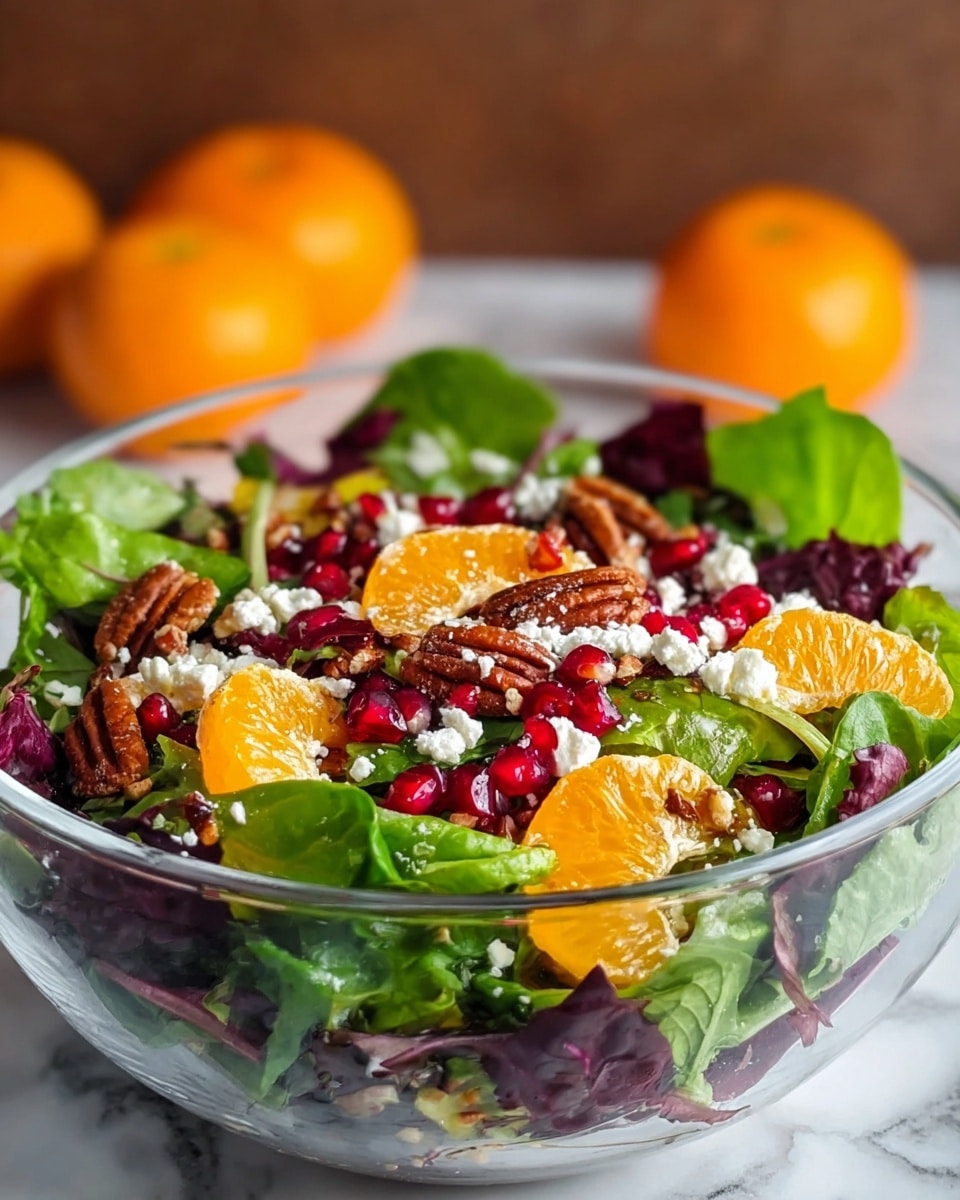 A clear glass bowl filled with a fresh salad placed on a white marbled texture, containing three main layers: at the bottom is a mix of green baby spinach and dark purple leaves, in the middle there are bright orange mandarin slices scattered evenly, and on top are pomegranate seeds and light brown pecans spread throughout, along with small white crumbles of cheese sprinkled across the salad. In the background, there are two whole mandarins slightly out of focus. photo taken with an iphone --ar 4:5 --v 7