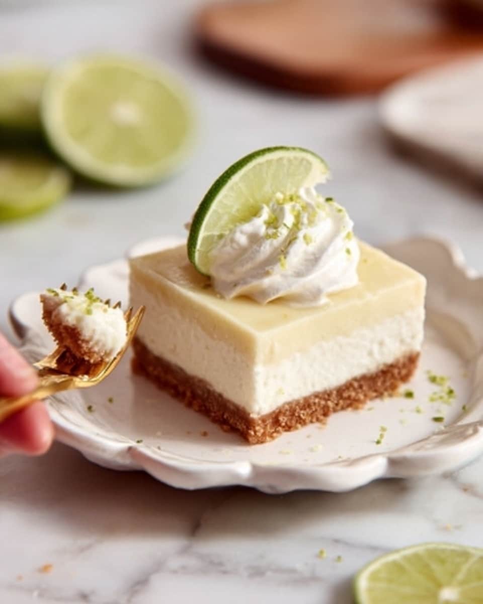 The image shows a square slice of dessert with three visible layers on a white plate. The bottom layer is light brown and crumbly, the middle layer is creamy and pale yellow, and the top layer is white and fluffy with a smooth texture. A thin slice of lime is placed on top, slightly angled, with a few small green specks scattered over the white layer. A silver fork rests beside the dessert on the plate, and there is a woman's hand holding the fork. The background is a white marbled surface with a whole lime and another lime slice visible in the blurred background. Photo taken with an iphone --ar 4:5 --v 7