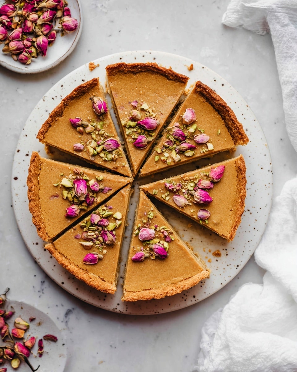 A round tart cut into eight equal slices sits on a white plate, placed on a white marbled surface with a sheer white cloth around it. The tart has a thick, golden-brown crust forming the base and sides, with a smooth, slightly darker golden filling inside. On top, each slice is sprinkled with chopped green pistachios and small pink rose petals, adding texture and color contrast. Next to the plate, there is a small white dish filled with more dried rosebuds. The photo is taken from above, capturing the whole tart clearly. photo taken with an iphone --ar 4:5 --v 7