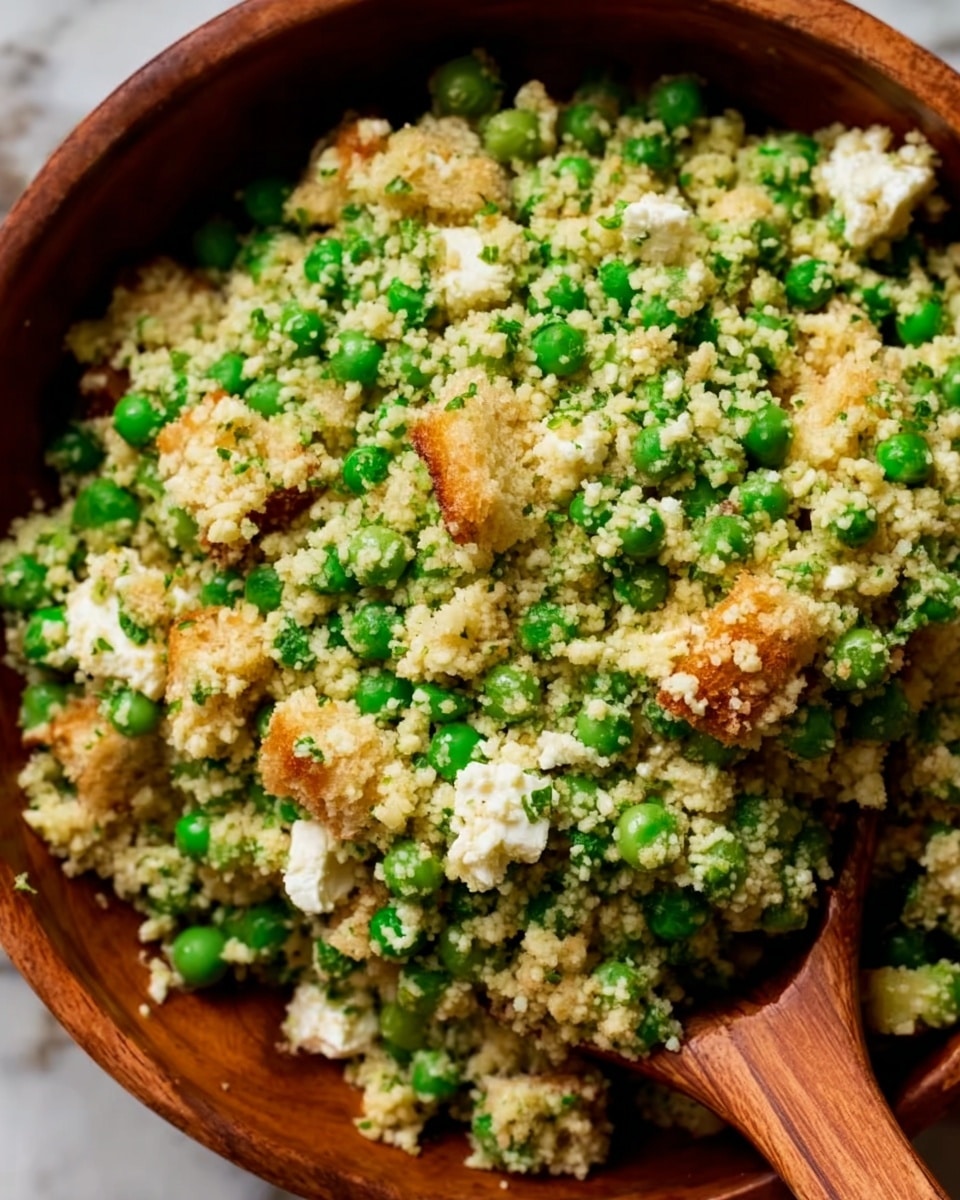 A close-up view of a wooden bowl filled with a mixed salad that has three main layers. The bottom layer is made of small green peas, giving a bright green color and smooth round shapes. The middle layer is light green and crumbly, made of tiny couscous grains mixed with finely chopped herbs. The top layer is white and soft, with crumbled cheese sprinkled evenly over the salad. A wooden spoon is partially visible on the right side inside the bowl, stirring the salad slightly, and a woman's hand is seen on the left side holding a wooden spoon. The bowl stands on a white marbled surface. Photo taken with an iphone --ar 4:5 --v 7