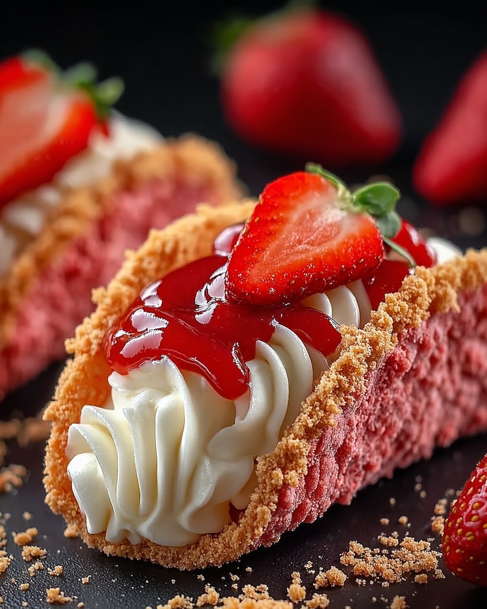 The image shows a dessert taco with three main layers. The bottom layer is a taco shell covered in crumbly pink coating that looks soft and textured. The middle layer is white cream piped in thick, smooth swirls inside the shell. The top layer is bright red strawberry sauce spread over the cream, and two fresh, halved strawberries with green leaves placed on top. Around the taco, there are small crumb pieces scattered on a dark surface. Photo taken with an iphone --ar 4:5 --v 7