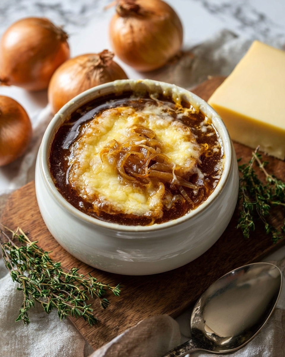 The image shows a white ceramic bowl filled with French onion soup. The soup has a deep brown broth base with a top layer of melted and slightly browned cheese that appears creamy and bubbly. Beneath the cheese, caramelized onion slices with a rich golden-brown color are visible floating on the surface. The bowl sits on a wooden cutting board that holds a wedge of pale yellow cheese and fresh green herb sprigs, while two whole onions and a metal spoon rest nearby. The background has a white marbled texture. Photo taken with an iphone --ar 4:5 --v 7