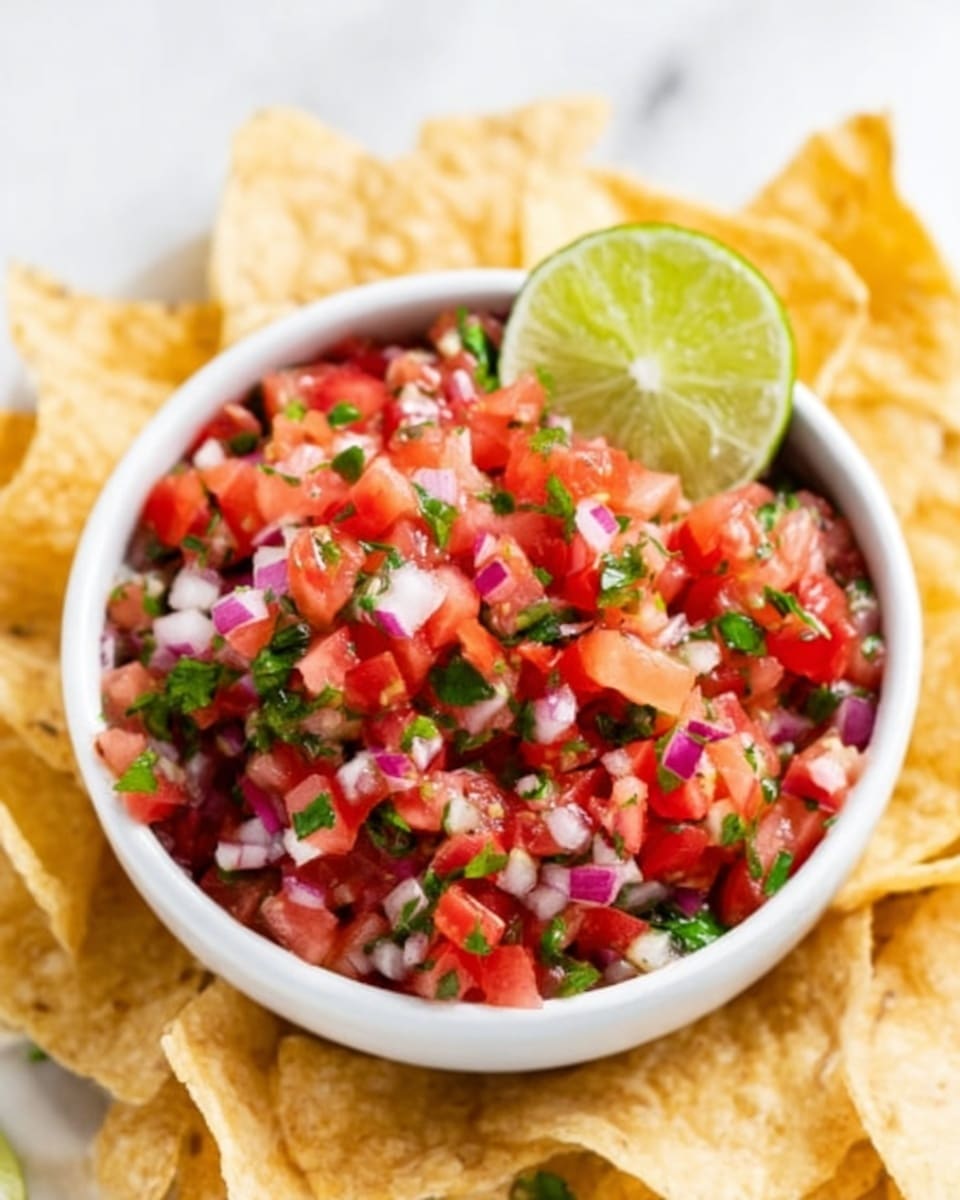 A white bowl filled with fresh tomato salsa showing small chunks of bright red tomatoes, finely chopped green cilantro, small pieces of diced white onions, and tiny bits of green jalapeños, garnished with a half slice of lime on the side; the bowl is placed on a white marbled surface and surrounded by crispy yellow tortilla chips. Photo taken with an iphone --ar 4:5 --v 7