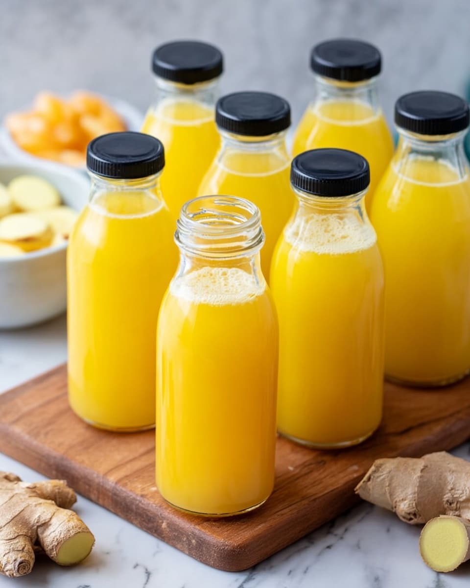 The image shows eight small clear bottles filled with bright yellow liquid arranged closely on a wooden board. Seven bottles have black caps on, while one bottle at the front is open, showing the liquid inside with small bubbles around the rim. In the background, there is a small white bowl with round slices of pale yellow root and a piece of ginger placed near the bottom right corner. The whole setup is on a white marbled surface. photo taken with an iphone --ar 4:5 --v 7