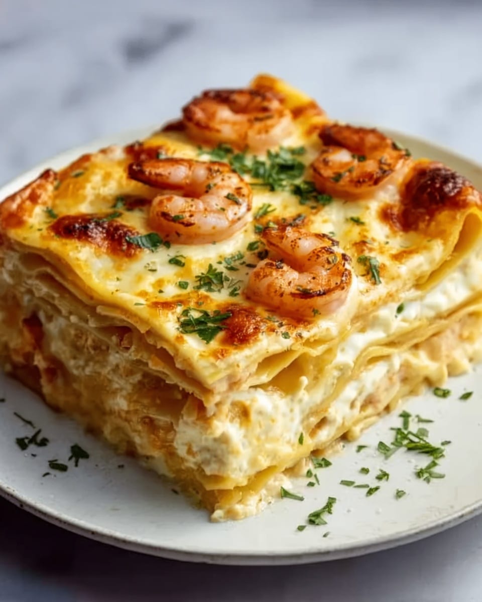 The image shows a square piece of lasagna on a white plate with green herbs sprinkled on top and around the edges. The lasagna has multiple layers visible: the top layer is melted golden cheese with small browned spots and some herbs, below that is a thick creamy white sauce layer mixed with melted cheese, followed by pasta sheets that are light yellow and slightly textured, then a layer of more melted cheese and a creamy sauce with small pieces of cooked shrimp that are pink and curled. The dish looks rich and creamy with a mix of smooth and slightly browned textures. The plate is placed on a white marbled surface. Photo taken with an iphone --ar 4:5 --v 7