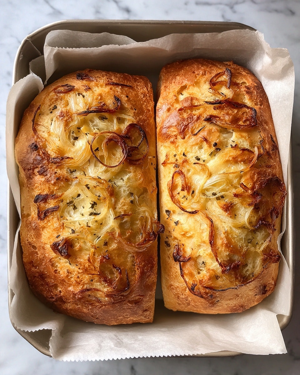 The image shows two golden brown baked loaves of bread with a rough texture and slightly cracked surface, sitting in a light beige parchment paper-lined white baking pan. The top of the bread has thin, irregular caramelized onion slices scattered across it, adding a darker brown contrast to the warm tan and creamy yellow color of the crust. The loaves are plump and slightly oval shaped, with an airy, soft crumb inside that is visible through the cracks and holes on the surface. The background is a white marbled texture. photo taken with an iphone --ar 4:5 --v 7
