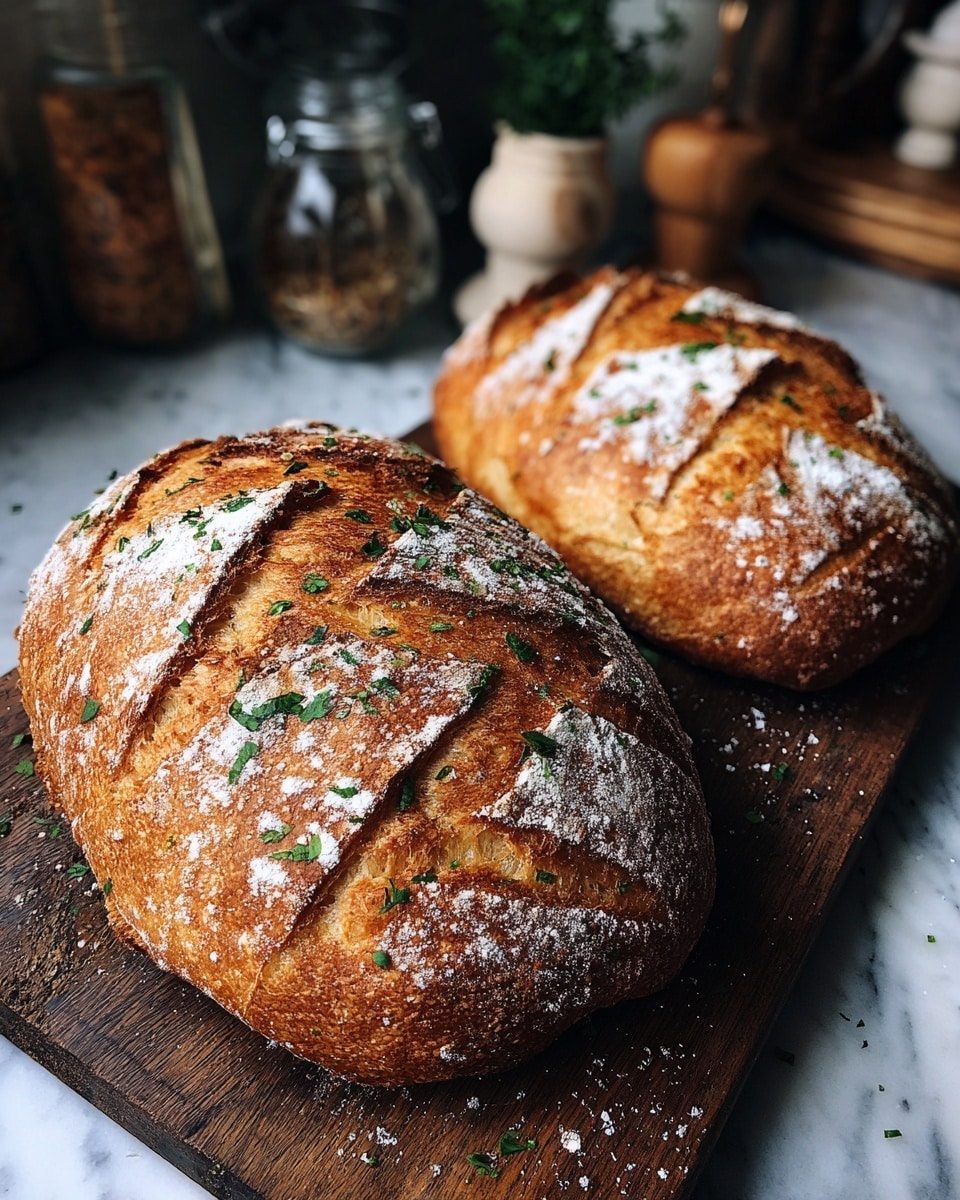 Two golden brown loaves of bread rest on a rustic wooden board, each scoring three deep diagonal cuts on top showing the soft, lighter inside. The crust is crisp with a slightly rough texture and is sprinkled with green herbs and a dusting of white flour. The background is softly blurred with warm tones, creating a cozy, inviting feeling. The surface beneath the board is a white marbled texture. photo taken with an iphone --ar 4:5 --v 7