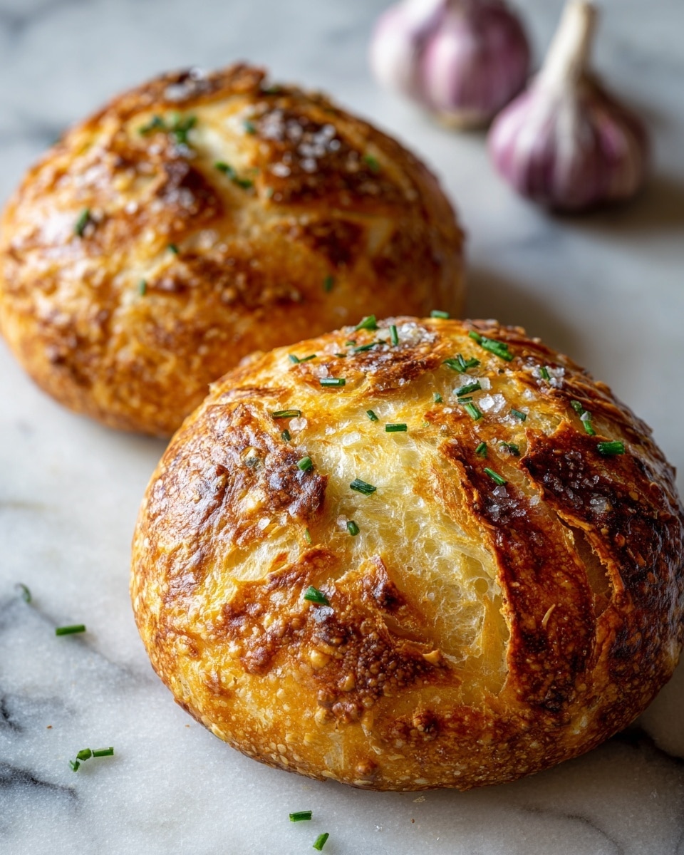 The image shows two round, golden-brown bread loaves with a crispy, shiny crust sprinkled with coarse salt and small green herb pieces on top. The surface of the bread has a crisscross pattern of cuts that reveal a soft, light texture inside. Behind the loaves, there are a few garlic bulbs and fresh rosemary sprigs on a white marbled surface. Photo taken with an iphone --ar 4:5 --v 7