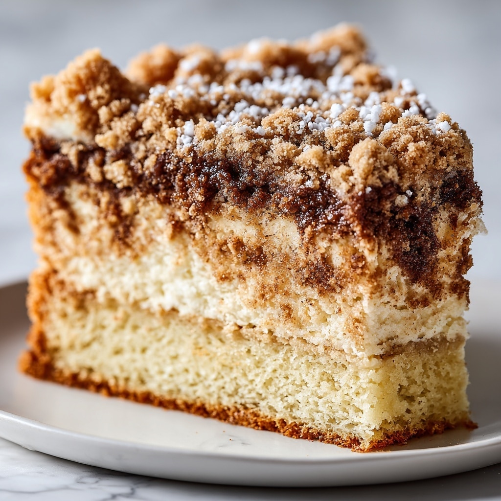 A close-up of a thick slice of coffee cake with three visible layers: the bottom is a light golden brown soft cake, the middle shows a swirled cinnamon brown layer, and the top is a crumbly, dark brown streusel topping with small bits of chopped nuts. The cake slice sits on a white plate, against a white marbled surface background. The texture of the cake looks moist and fluffy with a crunchy topping. photo taken with an iphone --ar 4:5 --v 7