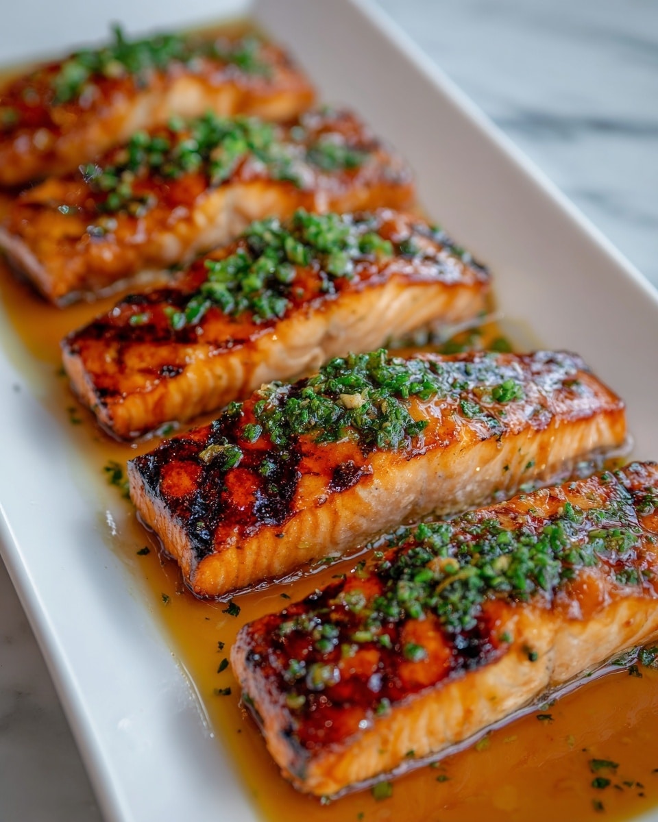 The image shows four pieces of grilled salmon placed in a row on a white rectangular plate. Each salmon piece has a golden-brown crust with grill marks and a shiny glaze on top. The salmon is covered with chopped green herbs, creating a fresh contrast against the rich orange color of the fish. A light brown sauce with small bits of herbs pools around the salmon on the plate, adding a glossy texture to the scene. The background is a white marbled surface that highlights the colors of the dish. Photo taken with an iphone --ar 4:5 --v 7