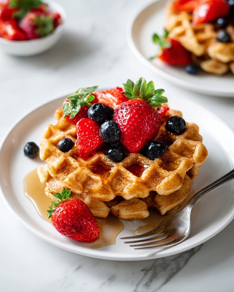 The image shows a white plate with three golden brown waffles stacked slightly overlapping. On top of the waffles are fresh blueberries and sliced strawberries scattered in a loose pile, with one whole strawberry resting on the plate's edge. The waffles have a crisp texture with deep grid patterns. A silver fork lies at the front on the plate. The plate sits on a white marbled surface with a glass of orange juice blurred in the background. photo taken with an iphone --ar 4:5 --v 7