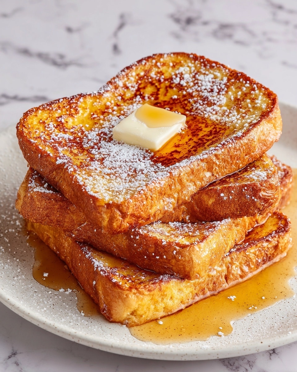The image shows three thick slices of French toast stacked on a white plate with a white marbled background. The toast is golden brown with a slightly crispy texture. On top of the stack, there is a small pat of melting butter and some syrup dripping down the sides, pooling around the base. The syrup adds a shiny, sticky look, and there is a light dusting of powdered sugar on the toast. The layers of toast are clearly visible, with the top slice tilted to show its thickness and texture. Photo taken with an iphone --ar 4:5 --v 7