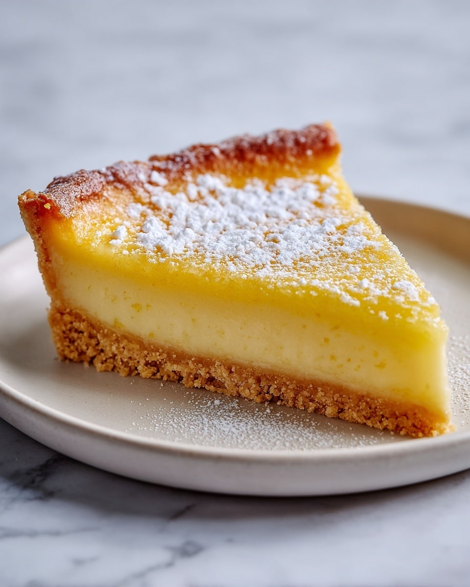 A slice of lemon tart sits on a simple white plate, showing three clear layers: a thick, crumbly golden crust at the bottom, a smooth, bright yellow lemon filling in the middle, and a thin, slightly browned top layer with a light dusting of powdered sugar. The texture looks creamy yet firm in the filling, with the crust appearing crisp and sandy. The plate rests on a white marbled surface. photo taken with an iphone --ar 4:5 --v 7